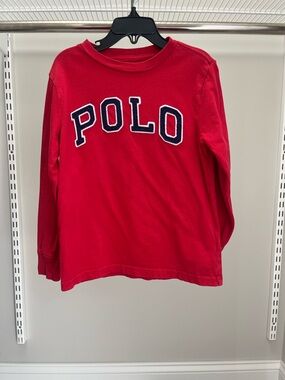 Polo by Ralph Lauren Kids Bright Red Long Sleeve Crewneck Shirt with Navy Logo